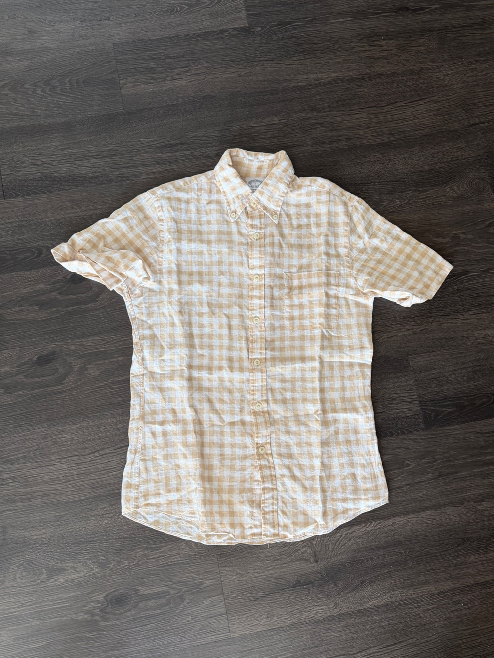 Brooks Brothers Tan and White Linen Short-Sleeve Button-Down